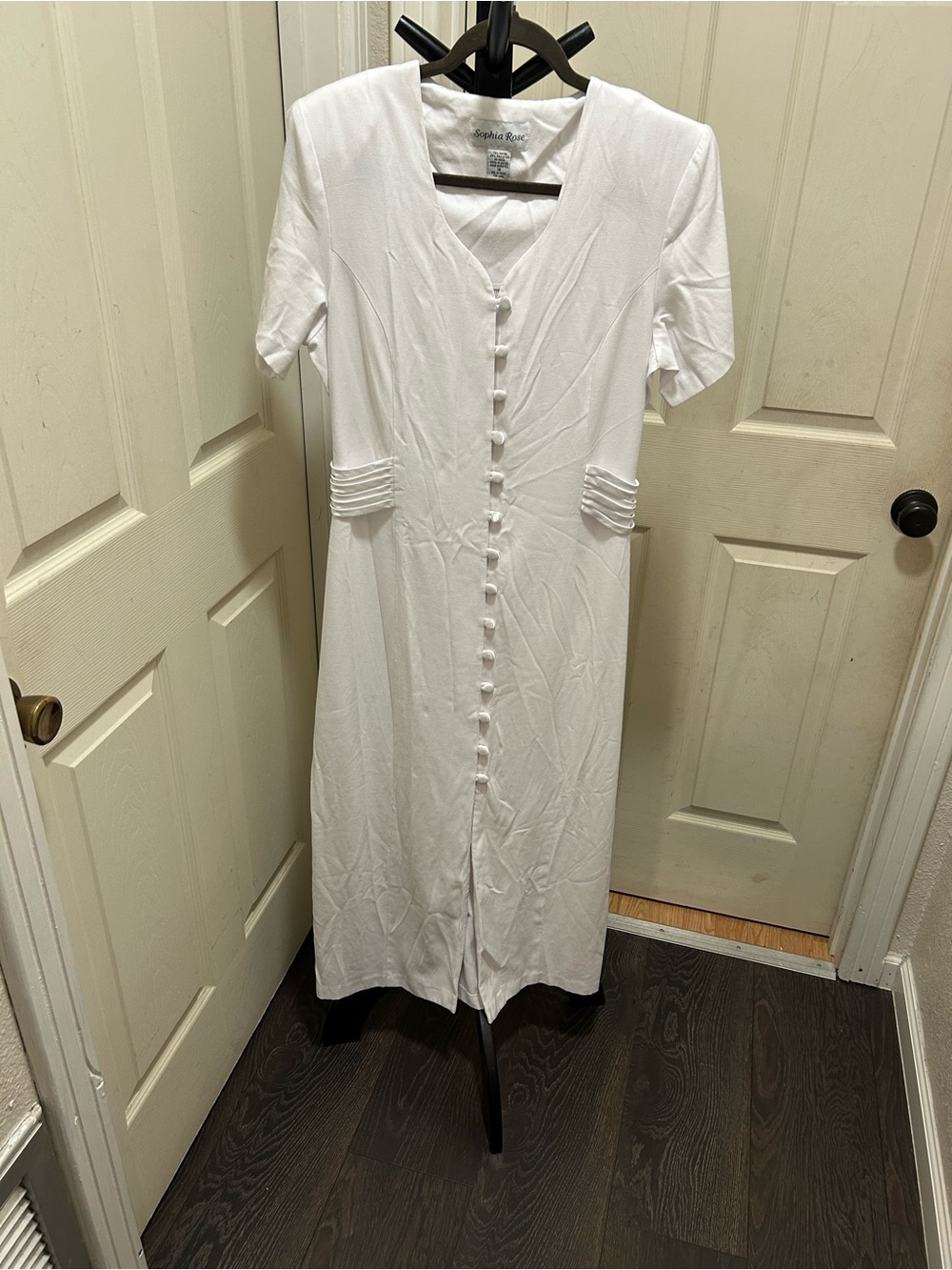 VTG Sophia Rose White Button Front Midi Dress 90s Accordion Waist Pleat